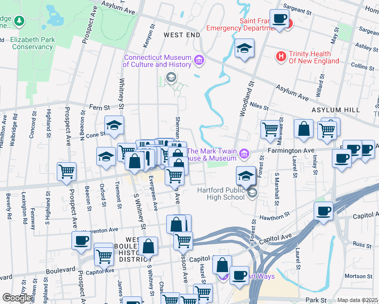 map of restaurants, bars, coffee shops, grocery stores, and more near 18 Sherman Street in Hartford