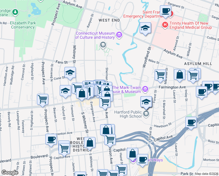 map of restaurants, bars, coffee shops, grocery stores, and more near in Hartford