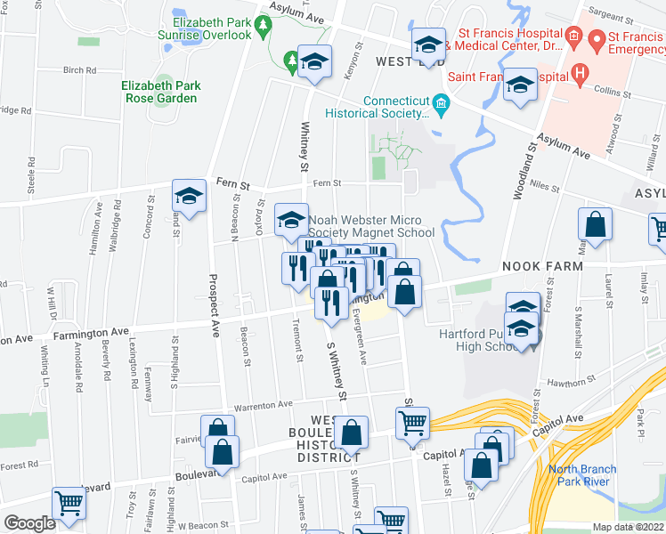 map of restaurants, bars, coffee shops, grocery stores, and more near 40 Whitney Street in Hartford