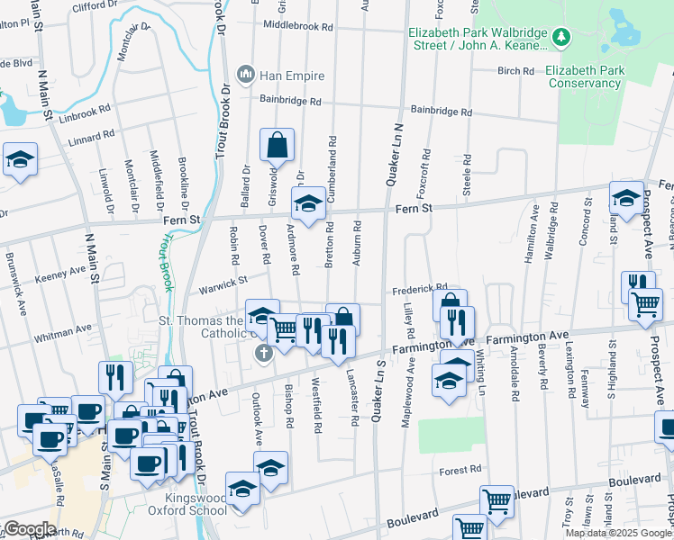 map of restaurants, bars, coffee shops, grocery stores, and more near 43 Auburn Road in West Hartford