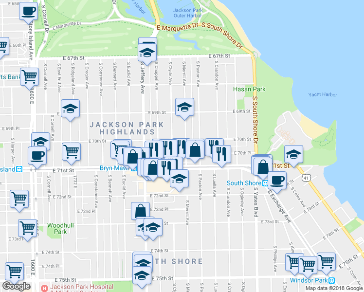 map of restaurants, bars, coffee shops, grocery stores, and more near 7014 South Merrill Avenue in Chicago