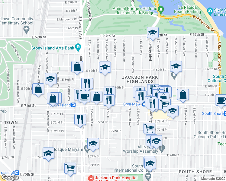 map of restaurants, bars, coffee shops, grocery stores, and more near 7012 South Cregier Avenue in Chicago