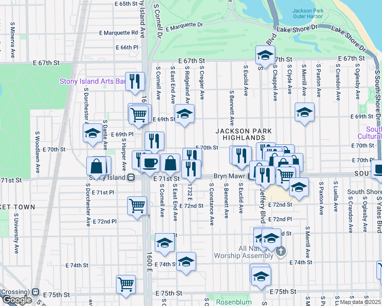 map of restaurants, bars, coffee shops, grocery stores, and more near 7012 South Cregier Avenue in Chicago