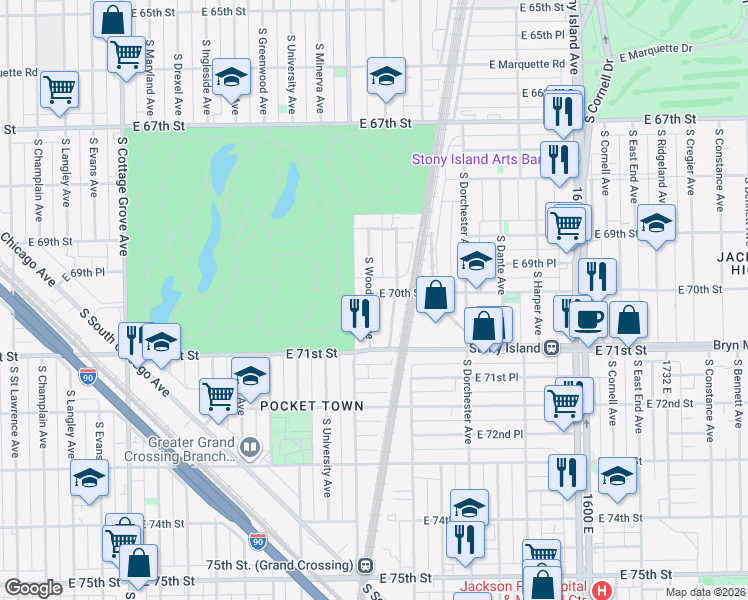 map of restaurants, bars, coffee shops, grocery stores, and more near 7006 South Woodlawn Avenue in Chicago