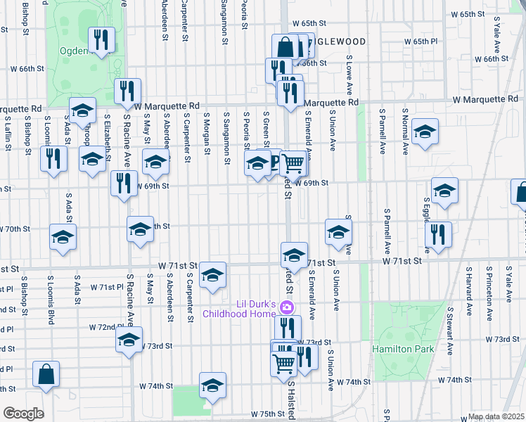 map of restaurants, bars, coffee shops, grocery stores, and more near 6945 South Peoria Street in Chicago