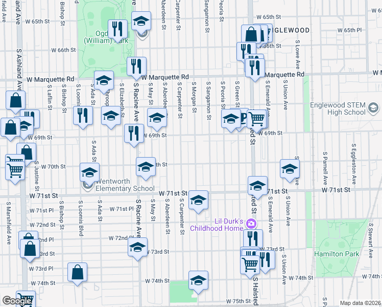 map of restaurants, bars, coffee shops, grocery stores, and more near 6940 South Morgan Street in Chicago