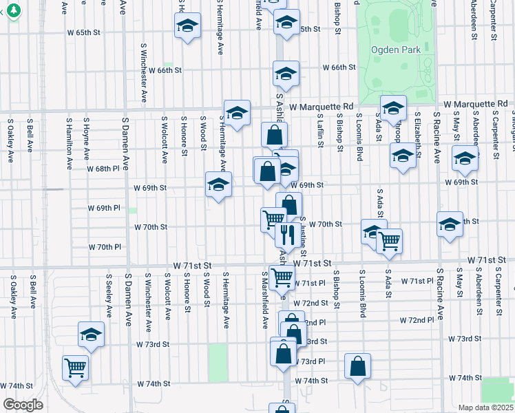 map of restaurants, bars, coffee shops, grocery stores, and more near 6935 South Paulina Street in Chicago