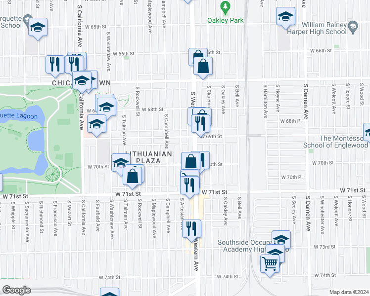 map of restaurants, bars, coffee shops, grocery stores, and more near 6929 South Artesian Avenue in Chicago