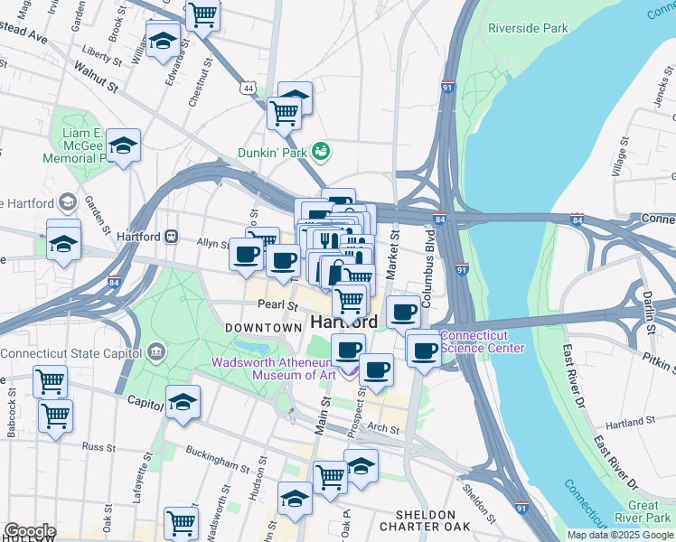 map of restaurants, bars, coffee shops, grocery stores, and more near 22 Pratt Street in Hartford