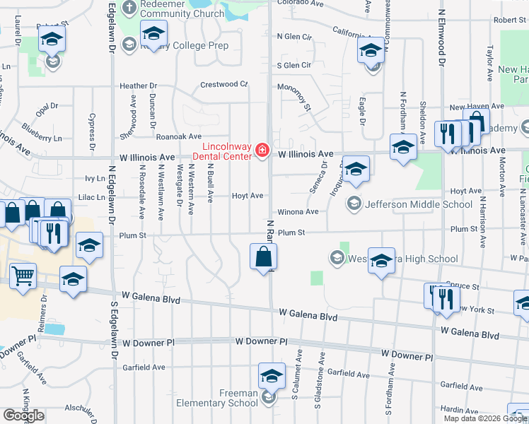 map of restaurants, bars, coffee shops, grocery stores, and more near 530 North Randall Road in Aurora