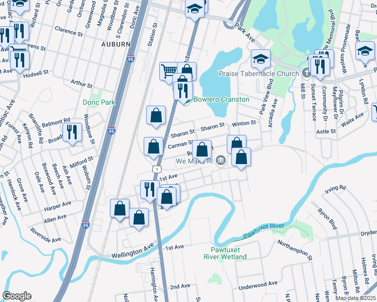 map of restaurants, bars, coffee shops, grocery stores, and more near 68 Burbank Street in Cranston
