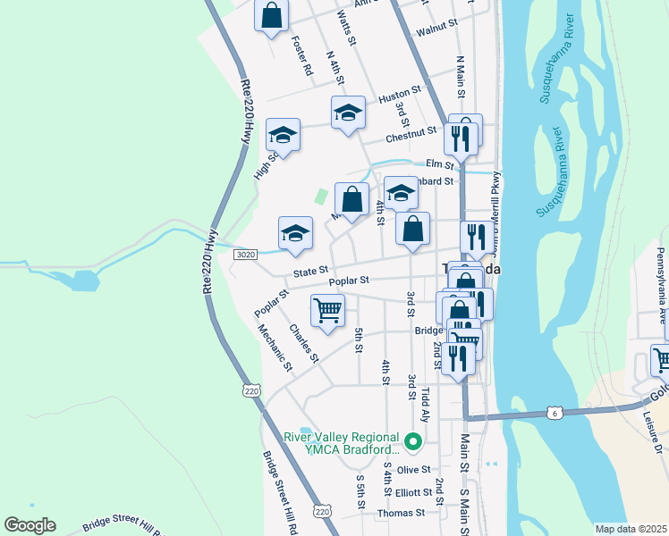 map of restaurants, bars, coffee shops, grocery stores, and more near 399 State St in Towanda