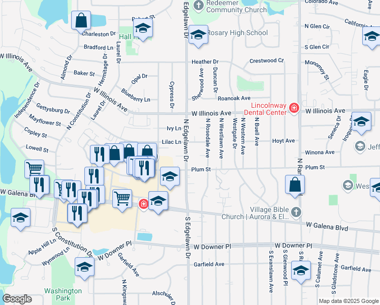 map of restaurants, bars, coffee shops, grocery stores, and more near 531 North Edgelawn Drive in Aurora