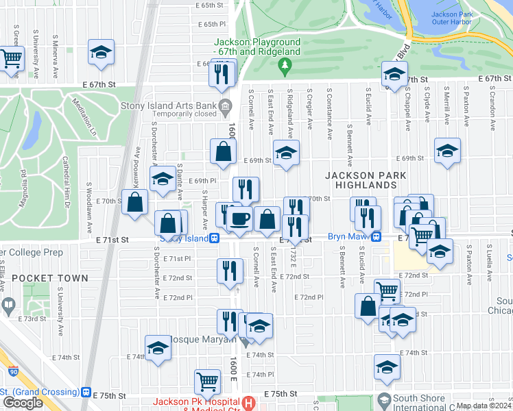 map of restaurants, bars, coffee shops, grocery stores, and more near 7004 South Cornell Avenue in Chicago