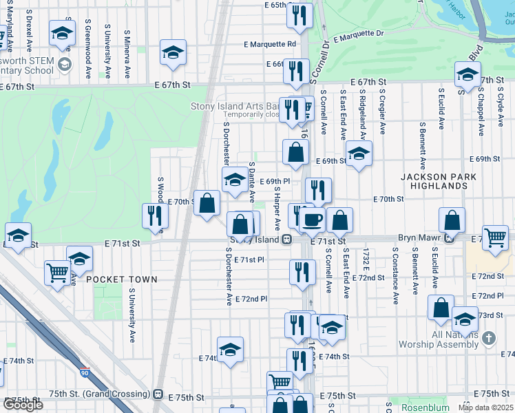 map of restaurants, bars, coffee shops, grocery stores, and more near 7007 South Dante Avenue in Chicago