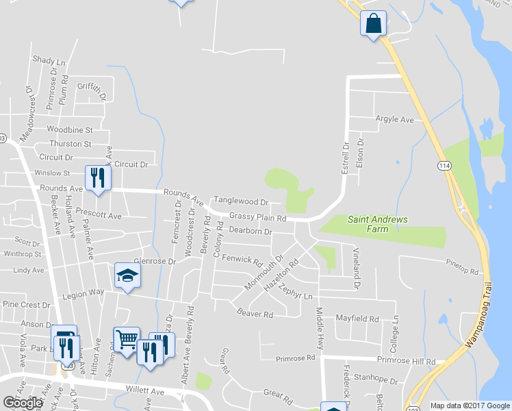 map of restaurants, bars, coffee shops, grocery stores, and more near 43 Tanglewood Drive in East Providence