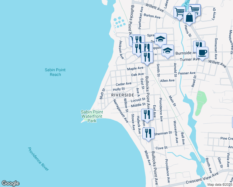 map of restaurants, bars, coffee shops, grocery stores, and more near 95 Cypress Street in East Providence