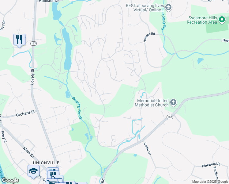 map of restaurants, bars, coffee shops, grocery stores, and more near 24 Canterbury Lane in Avon