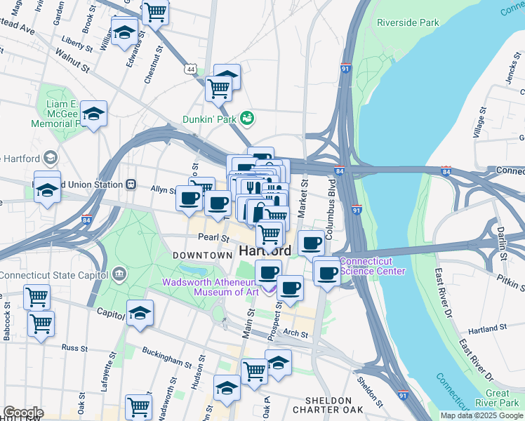 map of restaurants, bars, coffee shops, grocery stores, and more near 905 Main Street in Hartford