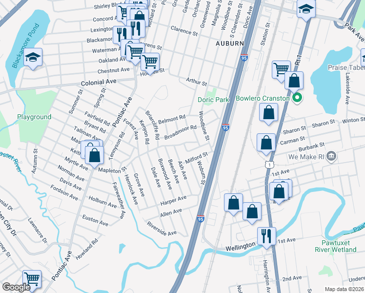 map of restaurants, bars, coffee shops, grocery stores, and more near 5 Bedford Rd in Cranston