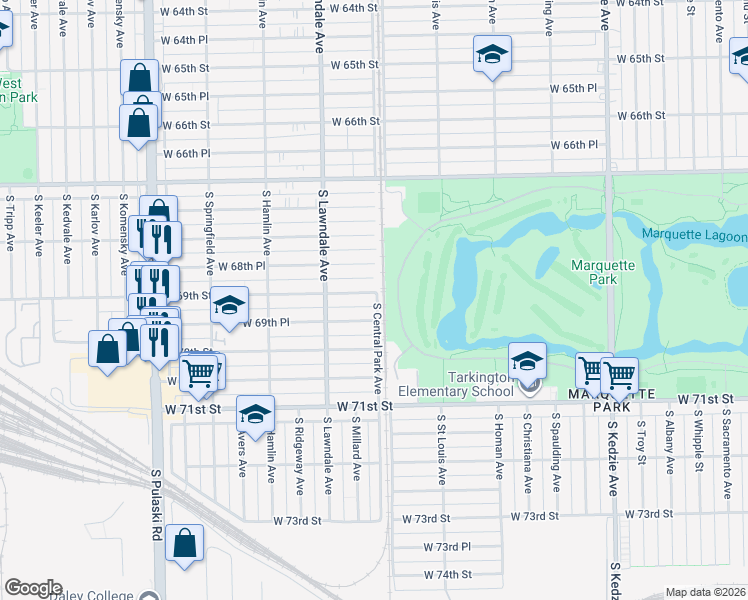 map of restaurants, bars, coffee shops, grocery stores, and more near 3603 West 69th Street in Chicago