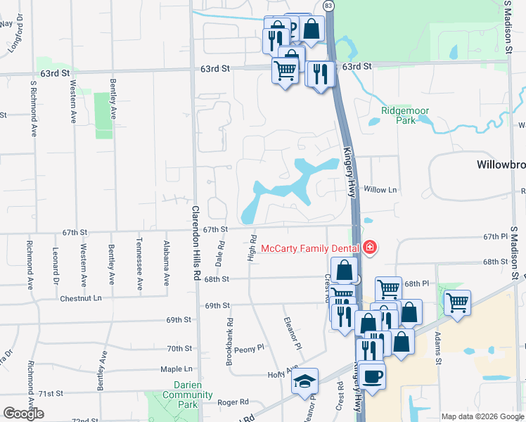 map of restaurants, bars, coffee shops, grocery stores, and more near 301 Lake Hinsdale Drive in Willowbrook