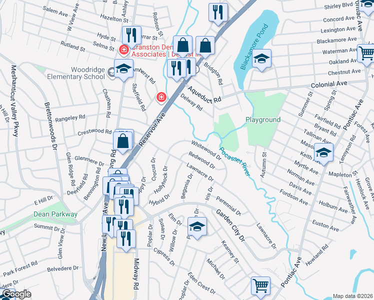 map of restaurants, bars, coffee shops, grocery stores, and more near 20 Redwood Drive in Cranston