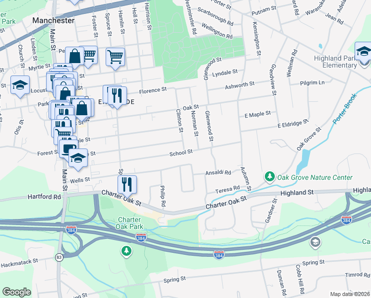 map of restaurants, bars, coffee shops, grocery stores, and more near 219 School Street in Manchester