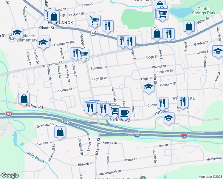map of restaurants, bars, coffee shops, grocery stores, and more near 13 Westwood Street in Manchester