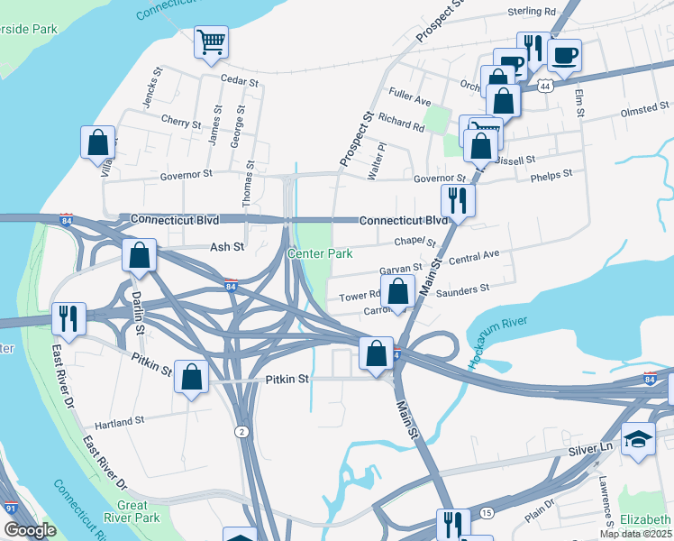 map of restaurants, bars, coffee shops, grocery stores, and more near 96 Garvan Street in East Hartford
