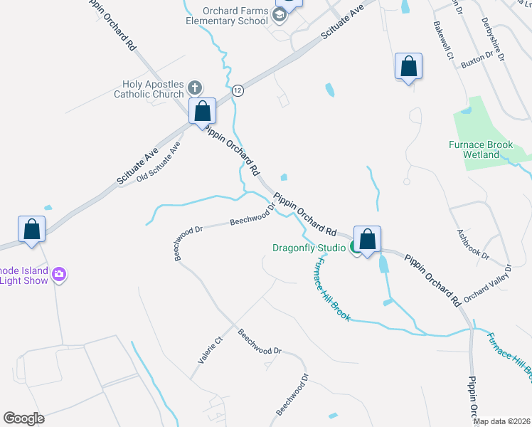 map of restaurants, bars, coffee shops, grocery stores, and more near 2 Beechwood Drive in Cranston