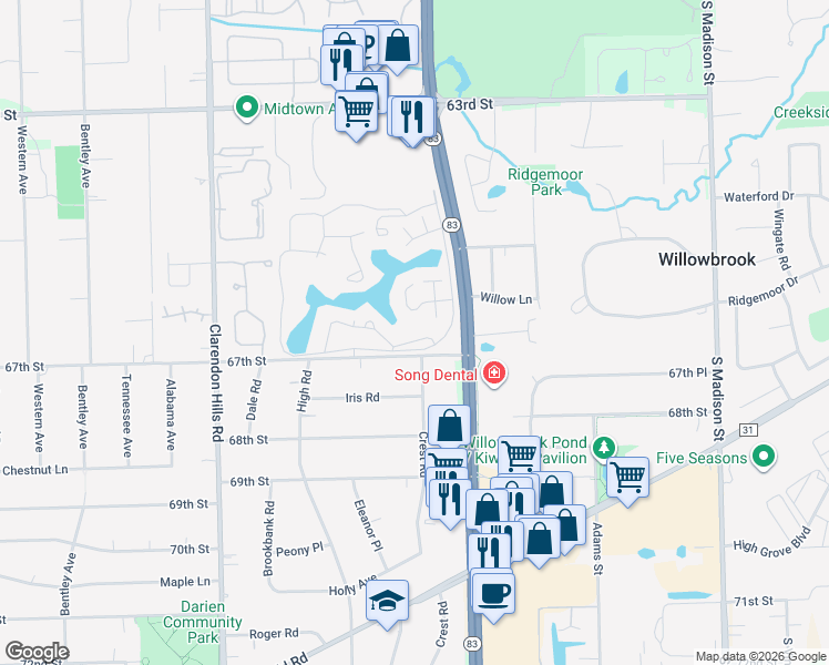 map of restaurants, bars, coffee shops, grocery stores, and more near 77 Lake Hinsdale Drive in Willowbrook