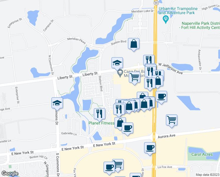 map of restaurants, bars, coffee shops, grocery stores, and more near Lewisburg Lane in Aurora