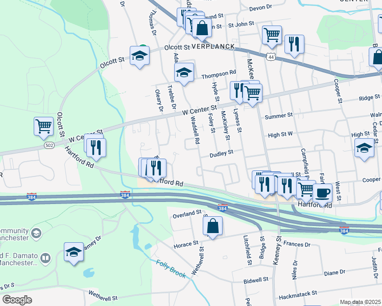 map of restaurants, bars, coffee shops, grocery stores, and more near 47 Pioneer Circle in Manchester