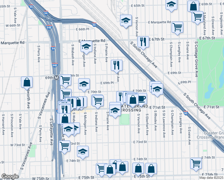 map of restaurants, bars, coffee shops, grocery stores, and more near 314 East 70th Street in Chicago