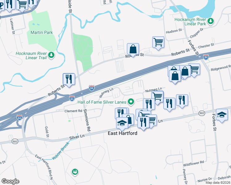 map of restaurants, bars, coffee shops, grocery stores, and more near 115 Nutmeg Lane in East Hartford