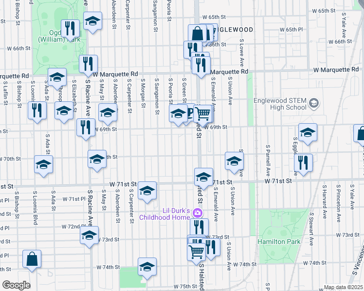 map of restaurants, bars, coffee shops, grocery stores, and more near 6945 South Peoria Street in Chicago