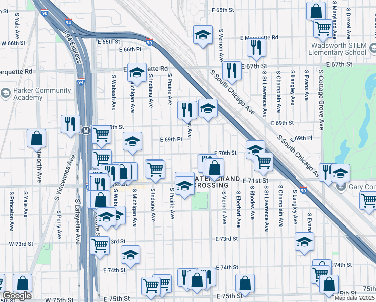 map of restaurants, bars, coffee shops, grocery stores, and more near 6954 South Calumet Avenue in Chicago