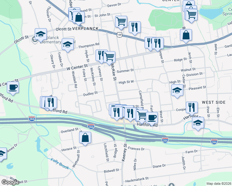 map of restaurants, bars, coffee shops, grocery stores, and more near 182 McKee Street in Manchester