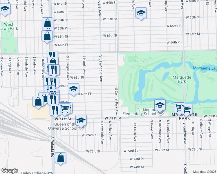 map of restaurants, bars, coffee shops, grocery stores, and more near 3631 West 69th Street in Chicago
