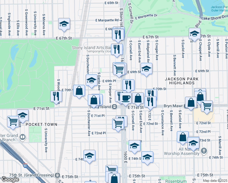 map of restaurants, bars, coffee shops, grocery stores, and more near 7003 South Harper Avenue in Chicago