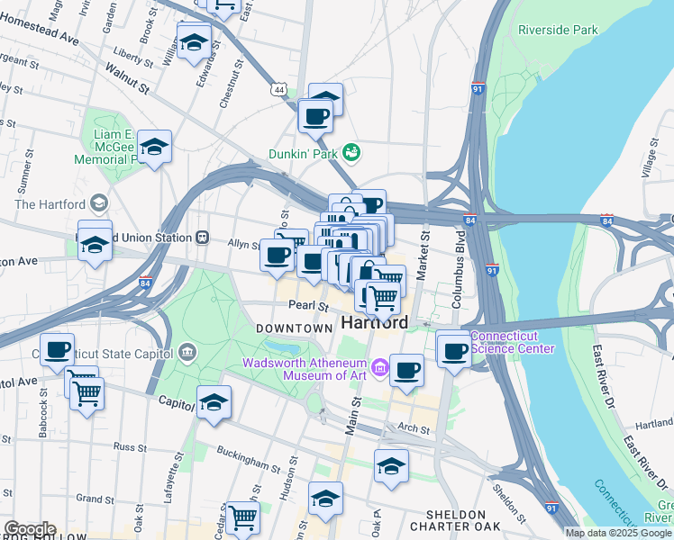map of restaurants, bars, coffee shops, grocery stores, and more near in Hartford
