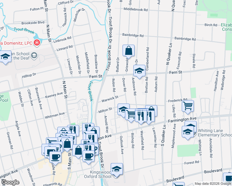 map of restaurants, bars, coffee shops, grocery stores, and more near 119 Robin Road in West Hartford