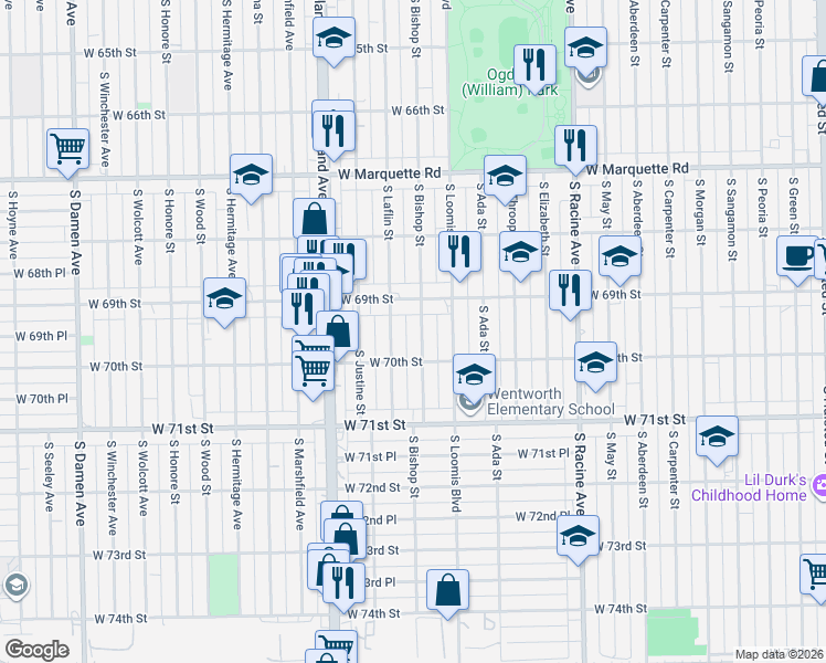 map of restaurants, bars, coffee shops, grocery stores, and more near 6937 South Bishop Street in Chicago