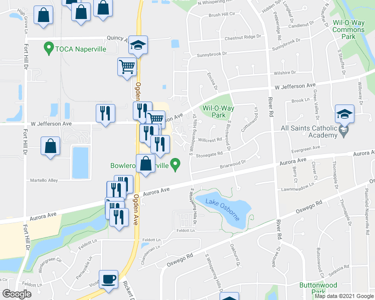 map of restaurants, bars, coffee shops, grocery stores, and more near 401 South Whispering Hills Drive in Naperville