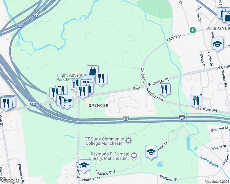 map of restaurants, bars, coffee shops, grocery stores, and more near 82 Spencer Street in Manchester