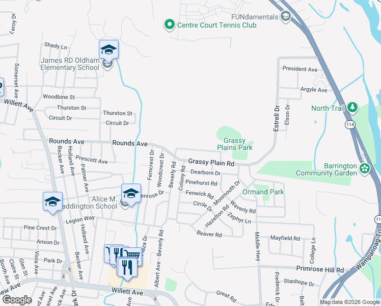 map of restaurants, bars, coffee shops, grocery stores, and more near 36 Grassy Plain Road in East Providence