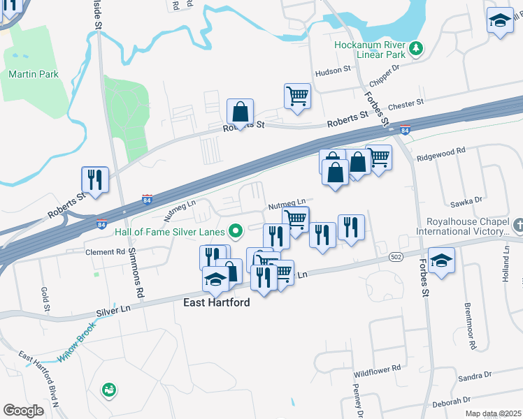 map of restaurants, bars, coffee shops, grocery stores, and more near 200 Nutmeg Lane in East Hartford