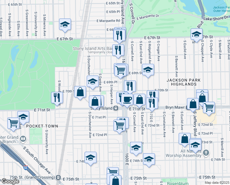 map of restaurants, bars, coffee shops, grocery stores, and more near 7003 South Harper Avenue in Chicago