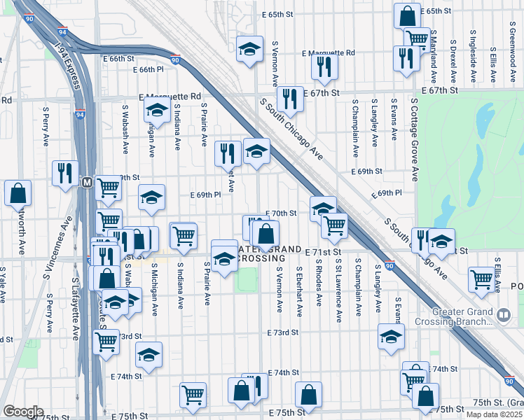 map of restaurants, bars, coffee shops, grocery stores, and more near 7001 South King Drive in Chicago